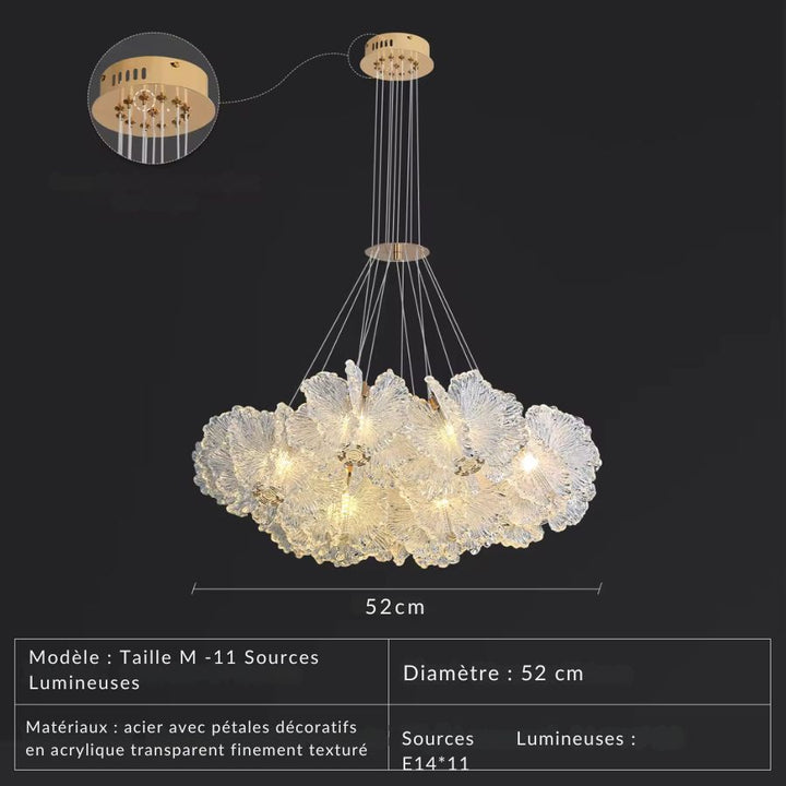Lustre couronne aux pétales translucides texturés, version M de 52 cm avec 11 sources lumineuses