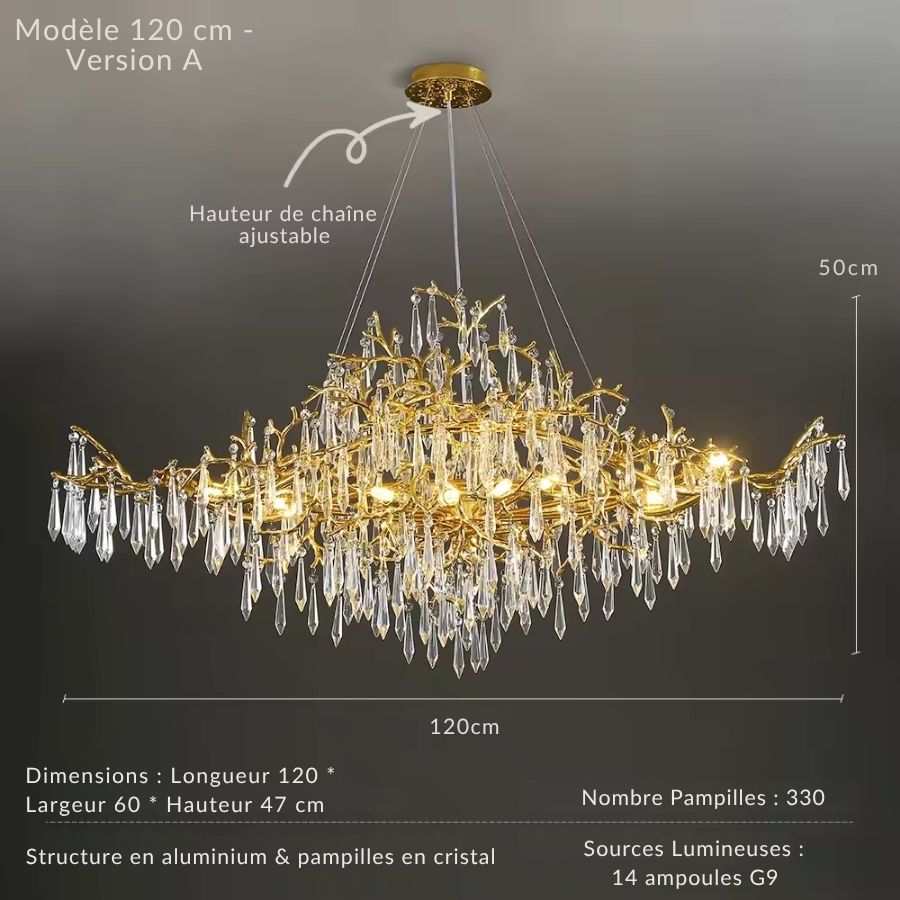 Avec ses longues pampilles facettées, ce lustre de 120 cm affiche une allure précieuse et architecturale
