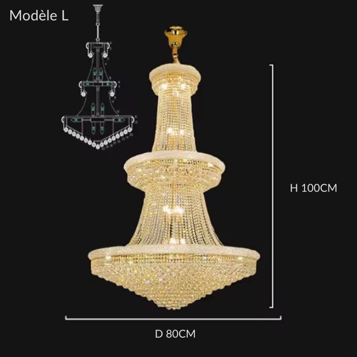 Grand lustre en cristal doré modèle L, allure majestueuse et esprit prestige pour pièce de belle hauteur.