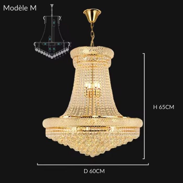 Lustre en cristal doré modèle M, silhouette raffinée au style classique luxe pour intérieur sophistiqué.