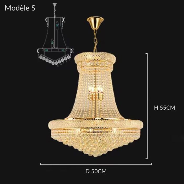 Lustre en cristal doré modèle S, petit format élégant de style classique chic avec pampilles lumineuses.