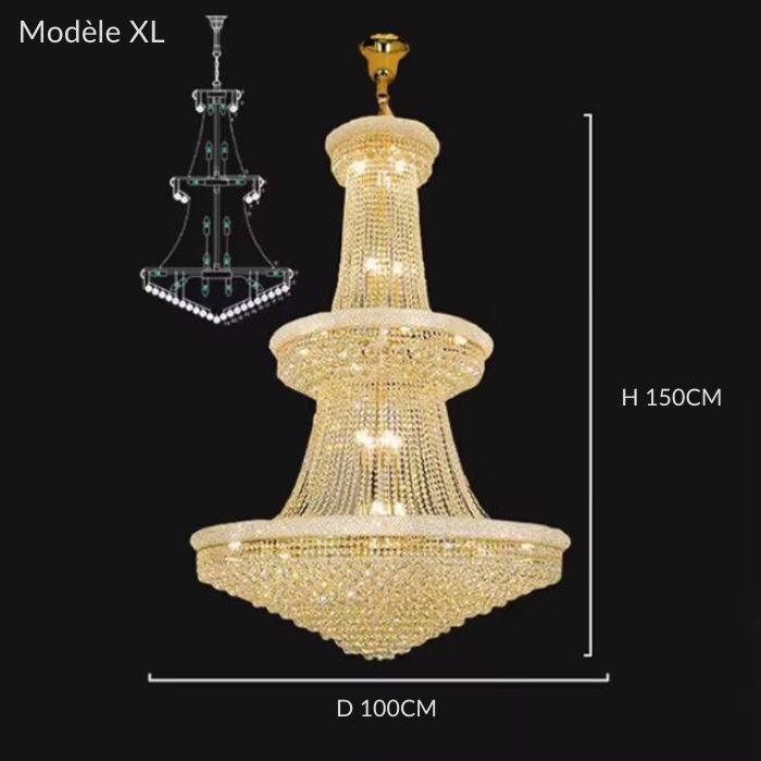 Très grand lustre en cristal doré modèle XL, style somptueux pour entrée ou escalier à plafond haut.