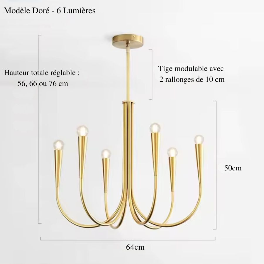Dimensions du lustre doré à six lumières et silhouette sculpturale, avec tige modulable de 56 à 76 cm de hauteur totale.