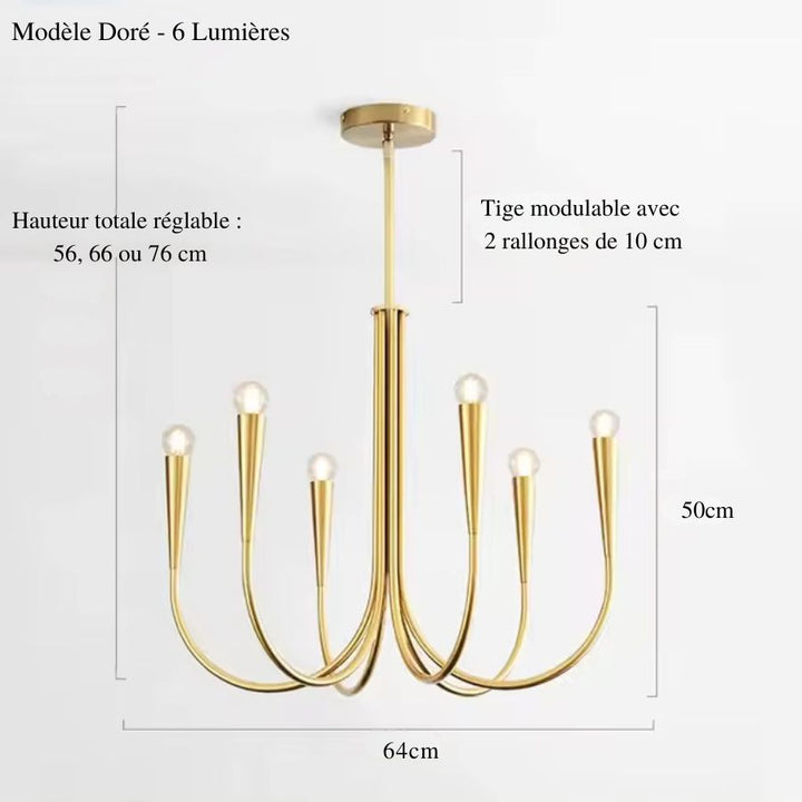 Dimensions du lustre doré à six lumières et silhouette sculpturale, avec tige modulable de 56 à 76 cm de hauteur totale.