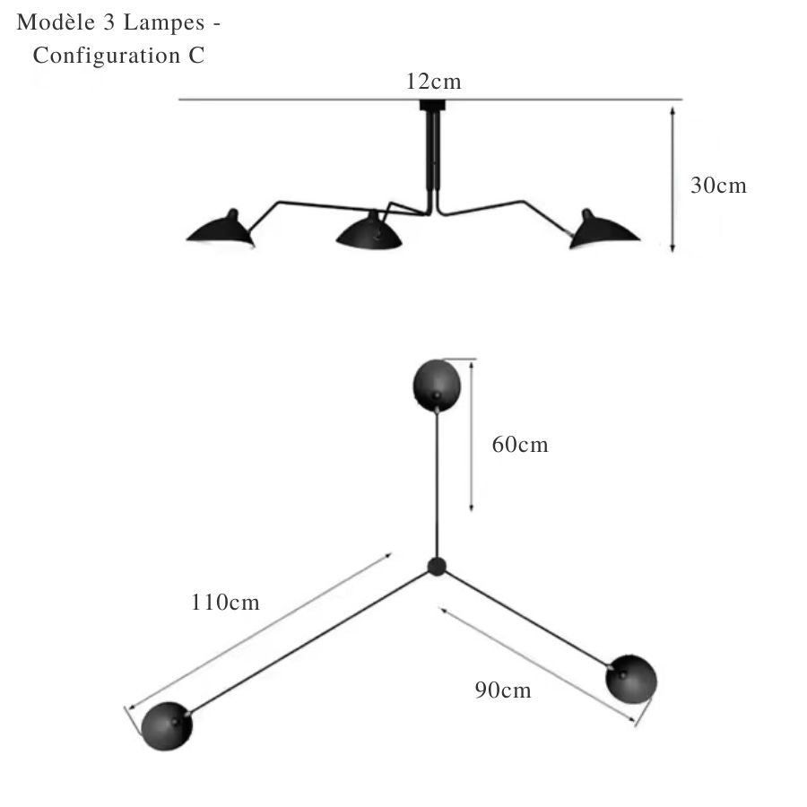 Plan technique du lustre industriel noir à trois lumières, configuration C, aux bras de 60, 90 et 110 cm.