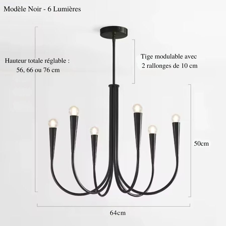Schéma du lustre design noir à six bras effilés, de 64 cm de diamètre, avec tige réglable et allure minimaliste.