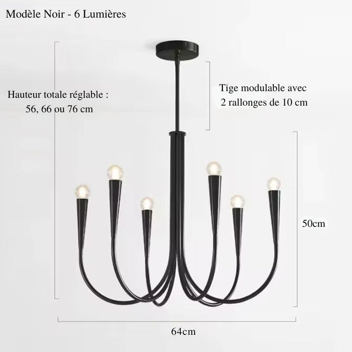 Schéma du lustre design noir à six bras effilés, de 64 cm de diamètre, avec tige réglable et allure minimaliste.