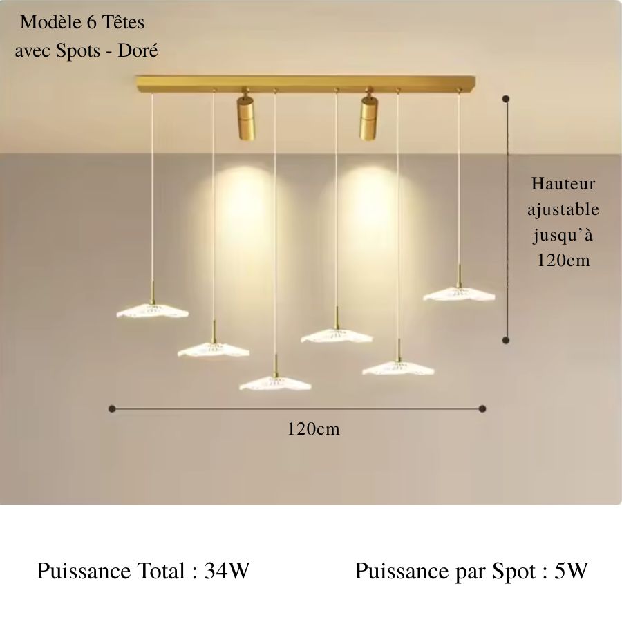 Suspension décorative dorée à 6 ombrelles LED et deux spots diffusant une lumière chaude, au style moderne et raffiné