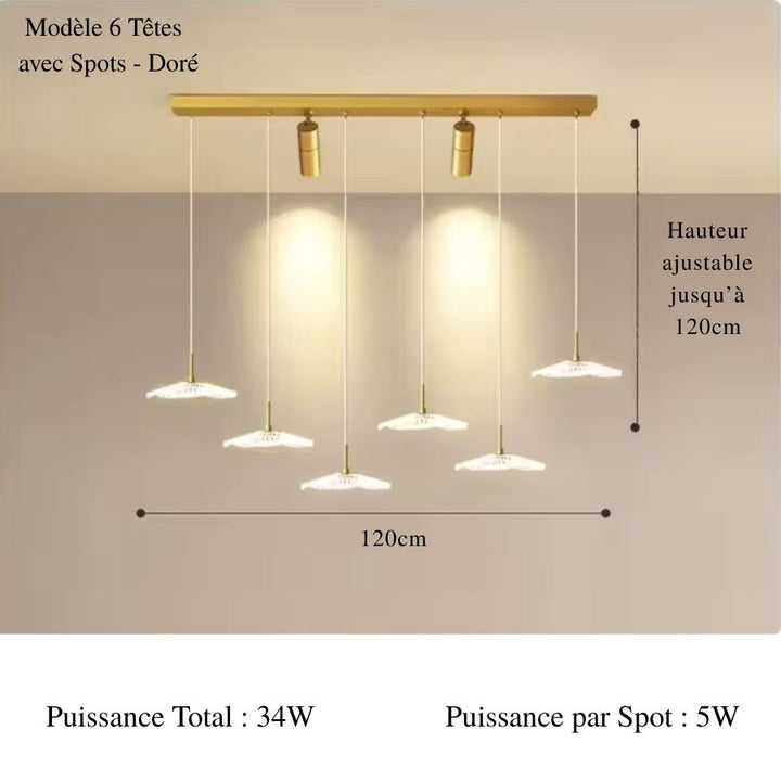 Suspension décorative dorée à 6 ombrelles LED et deux spots diffusant une lumière chaude, au style moderne et raffiné