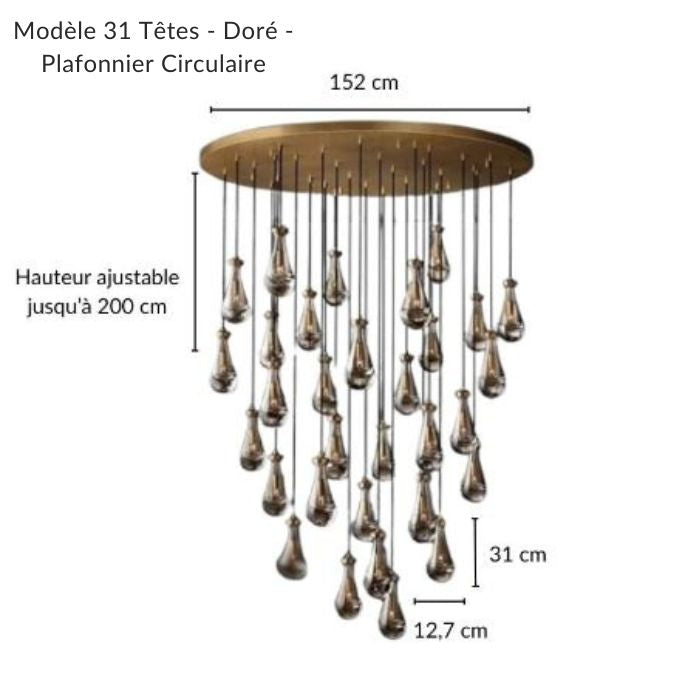 Lustre doré avec une somptueuse grappe de gouttes d'eau, alliant élégance et design contemporain.