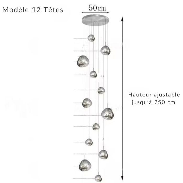 Lustre effet miroir composé de 12 sphères lumineuses, apportant élégance et modernité aux grands espaces.
