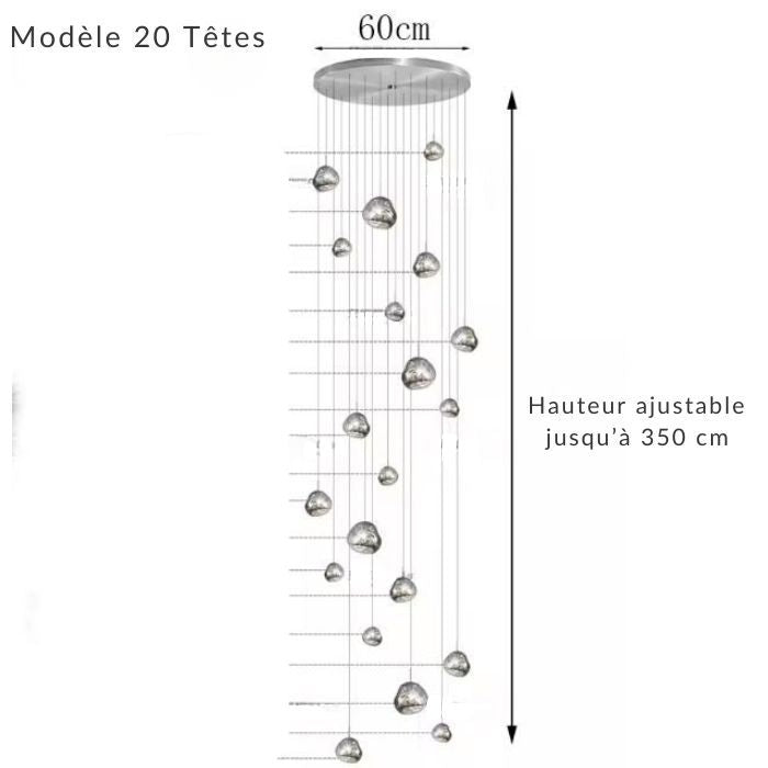 Lustre effet miroir 20 boules géantes, conçu pour sublimer les plafonds hauts et halls majestueux.