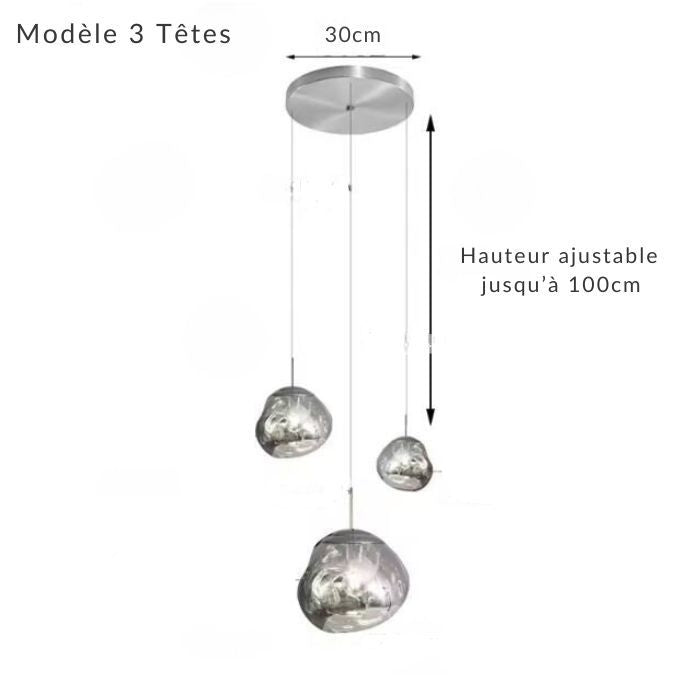 Lustre effet miroir 3 têtes rondes, idéal pour un éclairage moderne et élégant dans un salon ou une salle à manger.