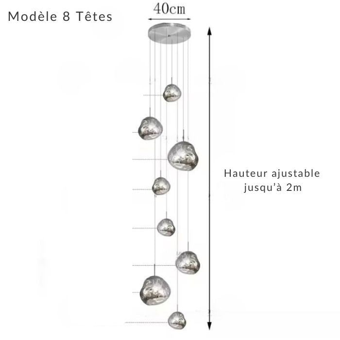 Lustre effet miroir 8 galets design, parfait pour un intérieur contemporain et luxueux.