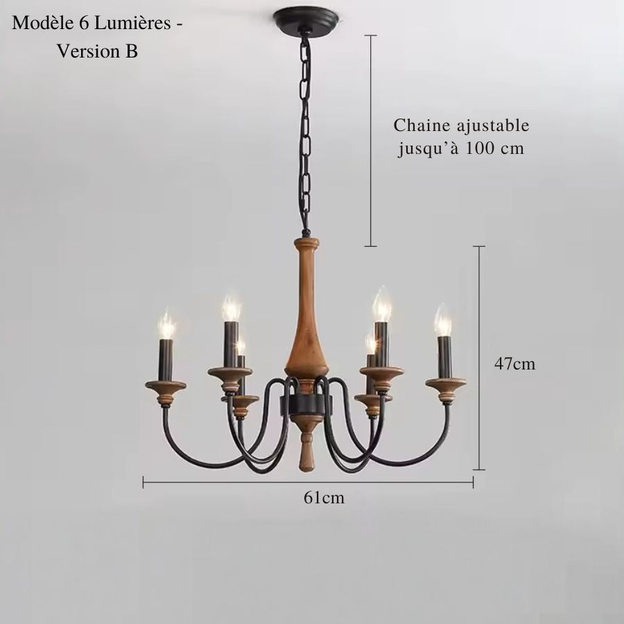 Avec ses 6 bras noirs et son fût en bois naturel, ce lustre en bois ancien de 61 cm évoque le charme campagnard.