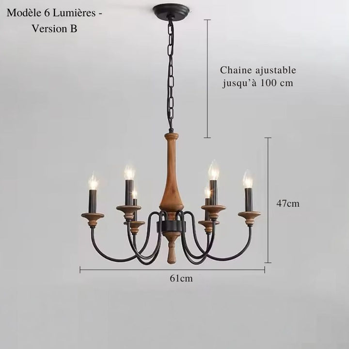 Avec ses 6 bras noirs et son fût en bois naturel, ce lustre en bois ancien de 61 cm évoque le charme campagnard.