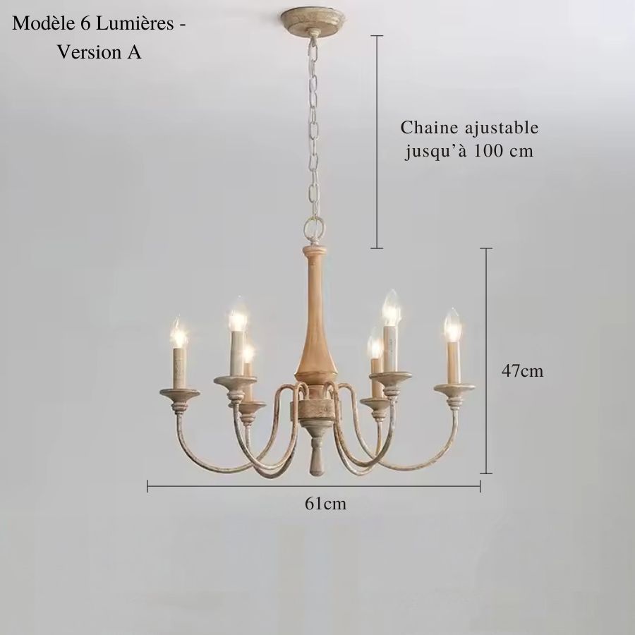 Lustre en bois ancien à 6 lumières, finition patinée claire et bras courbés, de 61 cm de diamètre au style campagne chic.