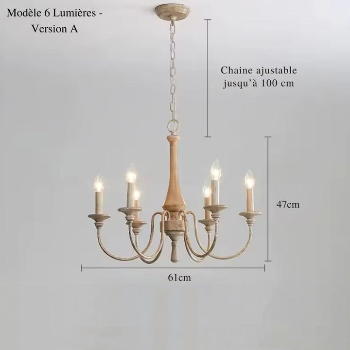Lustre en bois ancien à 6 lumières, finition patinée claire et bras courbés, de 61 cm de diamètre au style campagne chic.