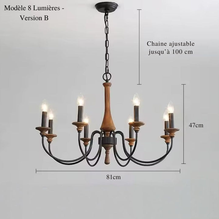 Lustre en bois ancien de 81 cm à 8 bras noirs courbés, avec détails en bois naturel et chaîne suspendue ajustable.
