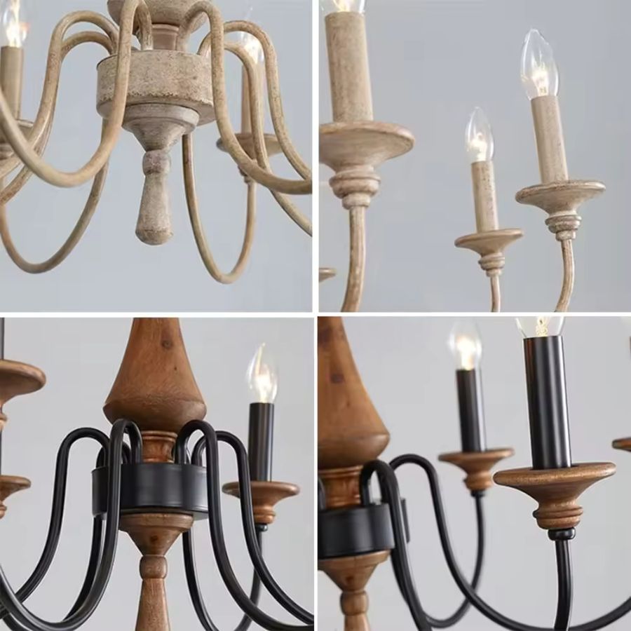 Gros plans sur les bras courbés et les finitions patinées et noires d'un lustre en bois ancien au charme rustique.