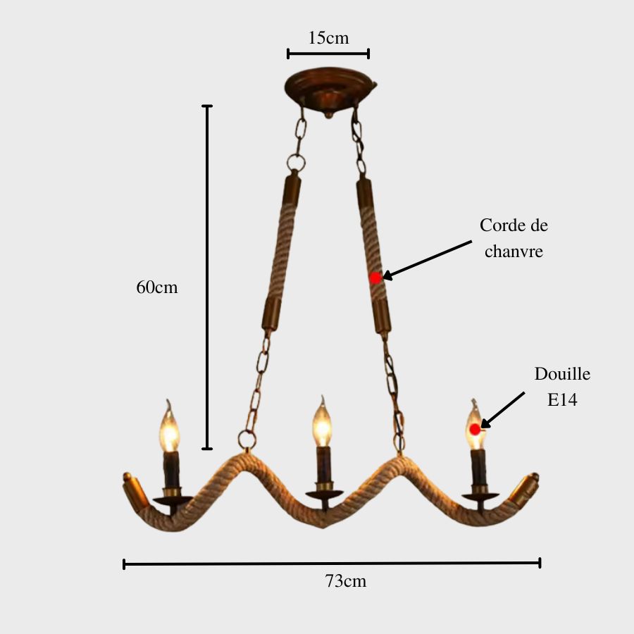 Schéma des dimensions d'un lustre en corde de chanvre à trois lumières, avec bras ondulés et douilles E14.