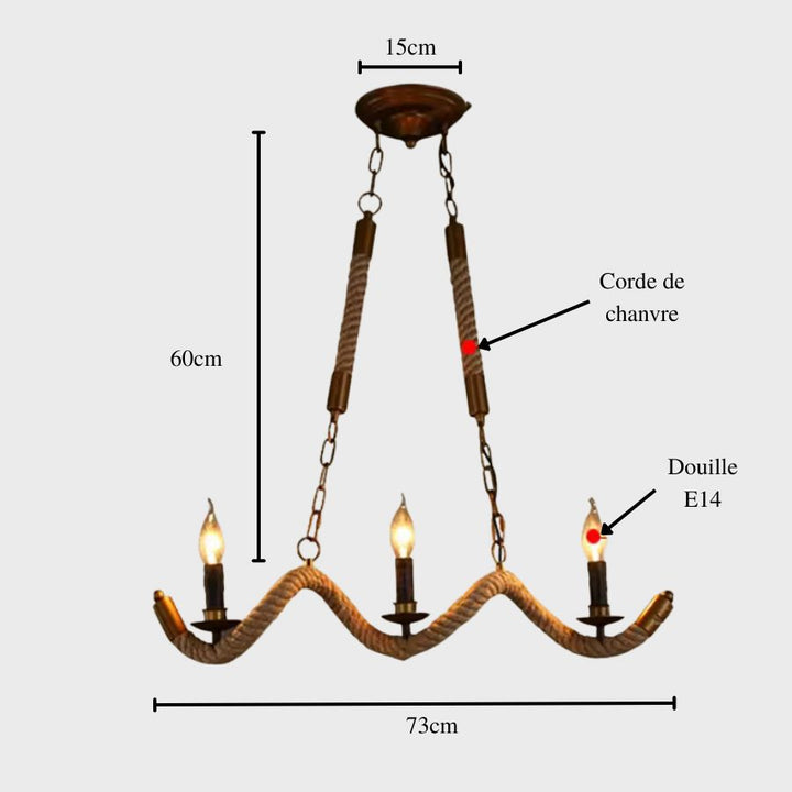 Schéma des dimensions d'un lustre en corde de chanvre à trois lumières, avec bras ondulés et douilles E14.