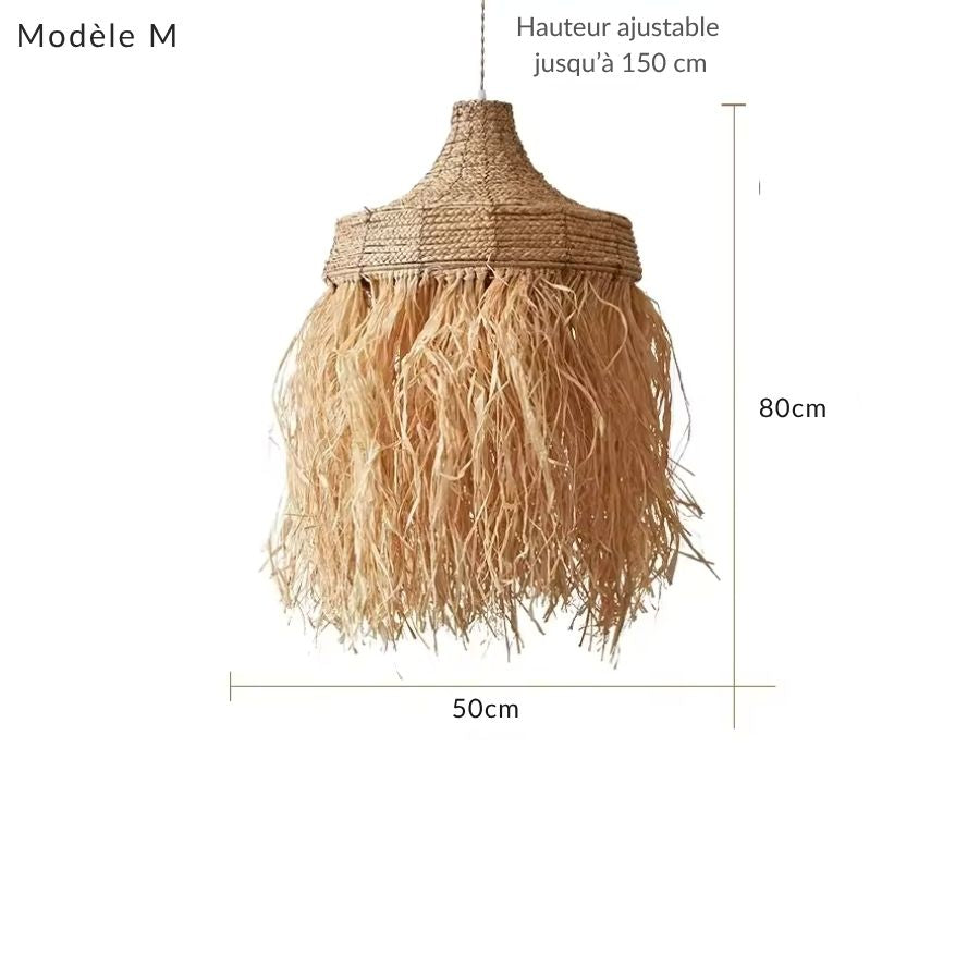 Lustre en raphia modèle M de 50 x 80 cm, au tressage naturel et aux longues franges bohèmes
