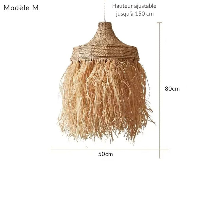 Lustre en raphia modèle M de 50 x 80 cm, au tressage naturel et aux longues franges bohèmes