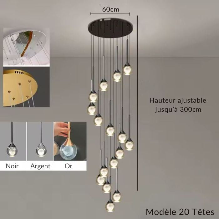 Lustre d’escalier 20 têtes en cascade, verre transparent cœur opalin, style architectural contemporain.