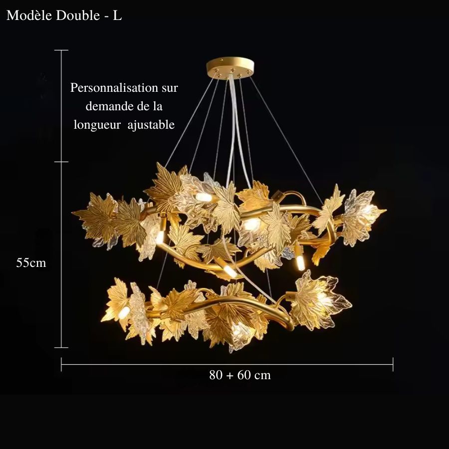 Lustre floral Art nouveau à deux anneaux de 80 et 60 cm, orné de feuilles d'érable dorées et de verre sculpté.