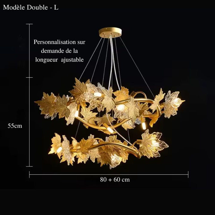 Lustre floral Art nouveau à deux anneaux de 80 et 60 cm, orné de feuilles d'érable dorées et de verre sculpté.