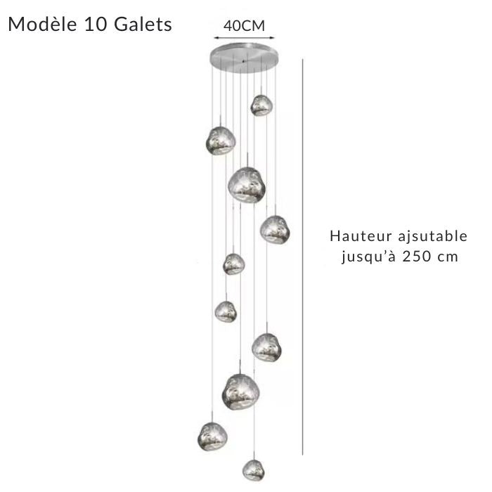 Lustre galets suspendus en chrome à 10 sources lumineuses pour un intérieur contemporain et sculptural.