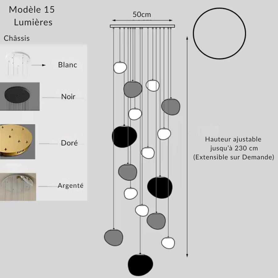 Lustre à boules flottantes à 15 lumières, idéal pour mettre en valeur un grand volume avec une silhouette verticale design