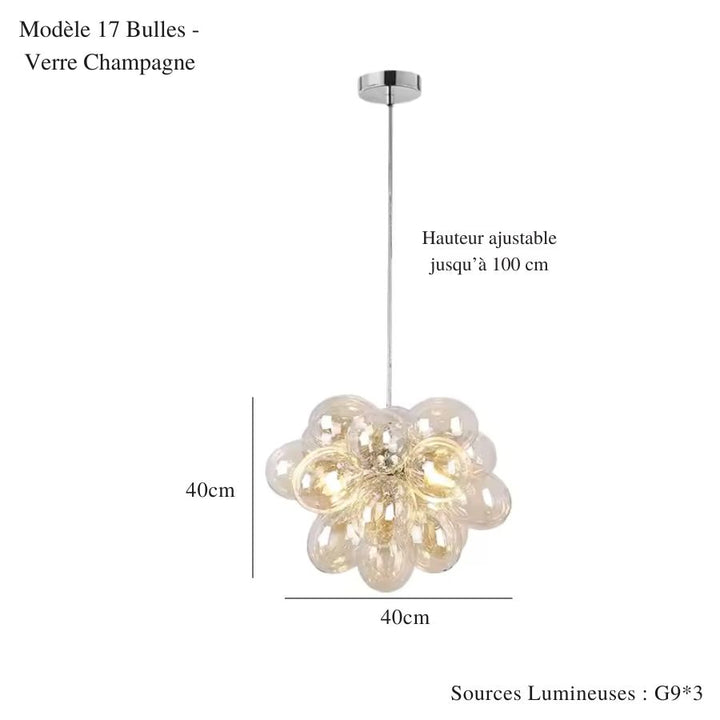 Bulles en verre champagne réunies en lustre grappe de 17 éléments, au style lumineux et organique