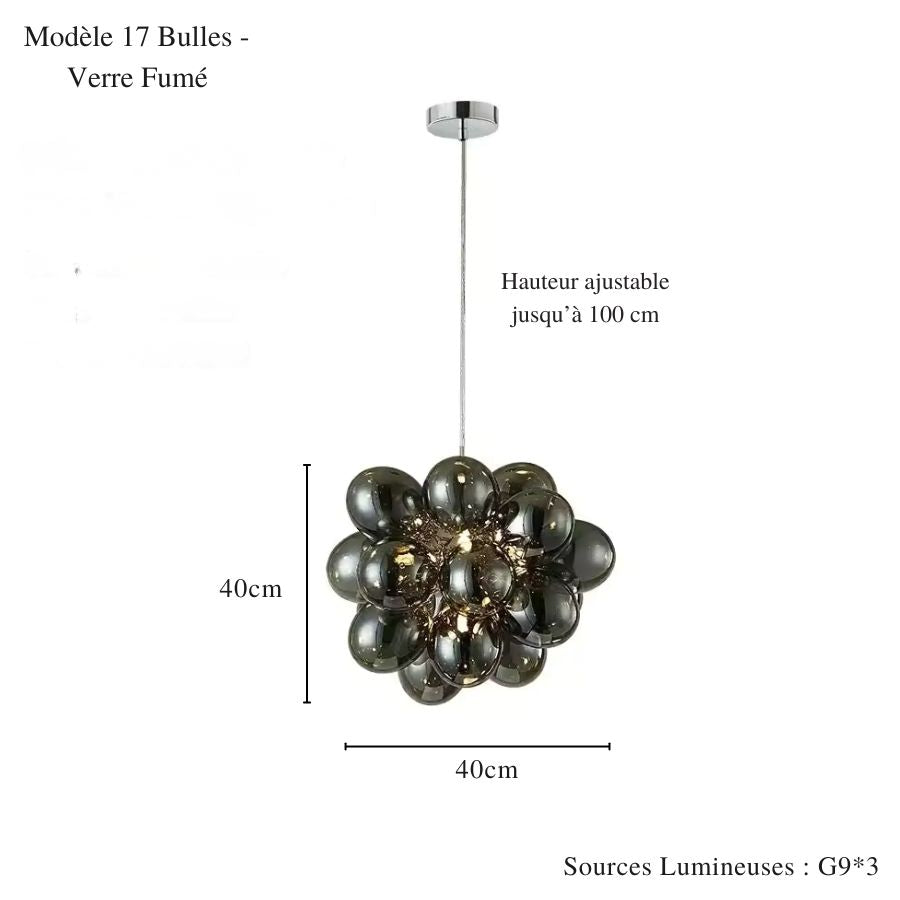 Composition de 17 bulles en verre fumé pour un lustre grappe sculptural au design moderne