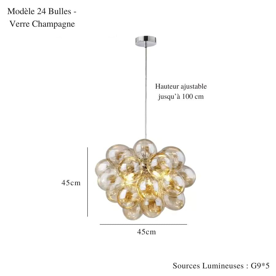 Éclat chaleureux du verre champagne sur ce lustre grappe de 24 bulles au design élégant et contemporain