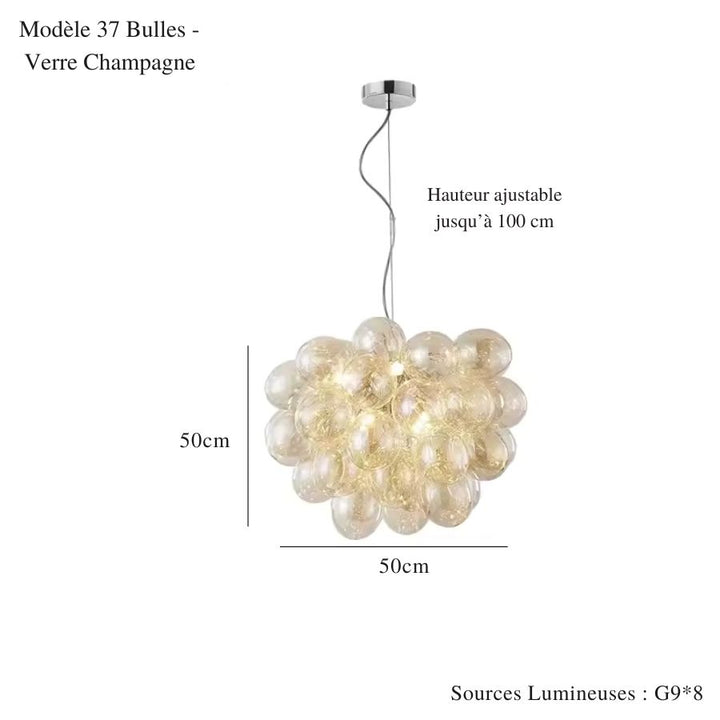 Grand lustre grappe de 37 bulles en verre champagne, au design organique et contemporain