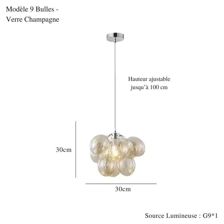 Version compacte du lustre grappe avec neuf bulles en verre champagne au style moderne et élégant