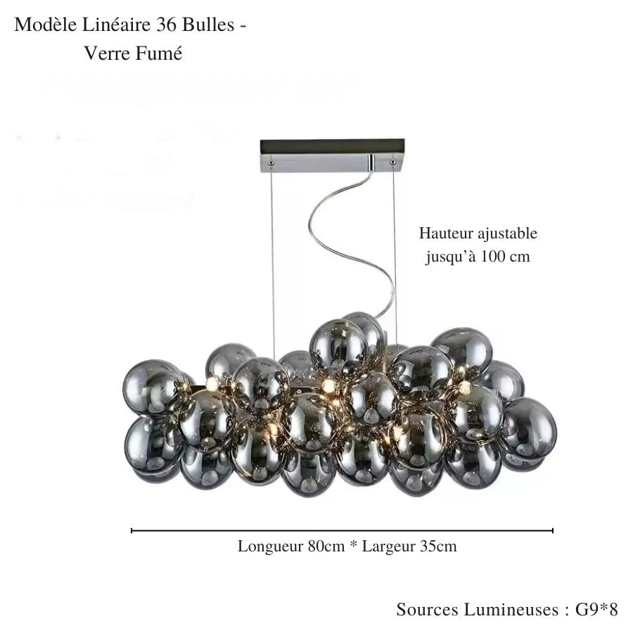 Forme linéaire de 36 bulles en verre fumé pour un lustre grappe contemporain au caractère sculptural