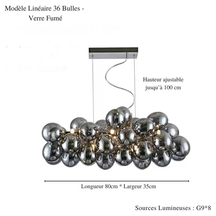 Forme linéaire de 36 bulles en verre fumé pour un lustre grappe contemporain au caractère sculptural