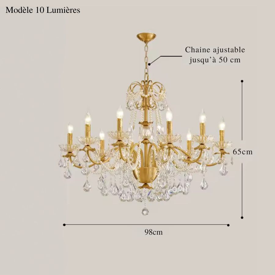 Grand lustre laiton vintage de 98 cm à 10 lumières, décoré de guirlandes de perles et de pampilles en cristal.