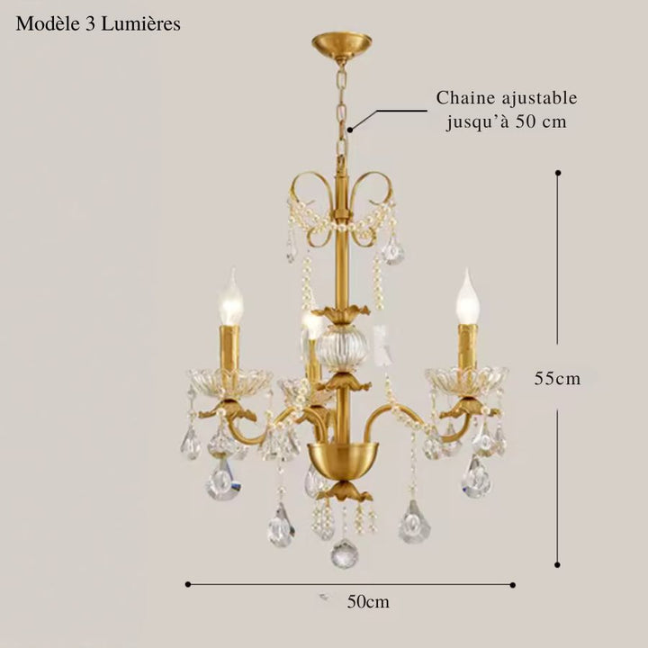 Lustre laiton vintage à 3 lumières et pampilles en cristal, de 50 cm de diamètre avec chaîne ajustable.