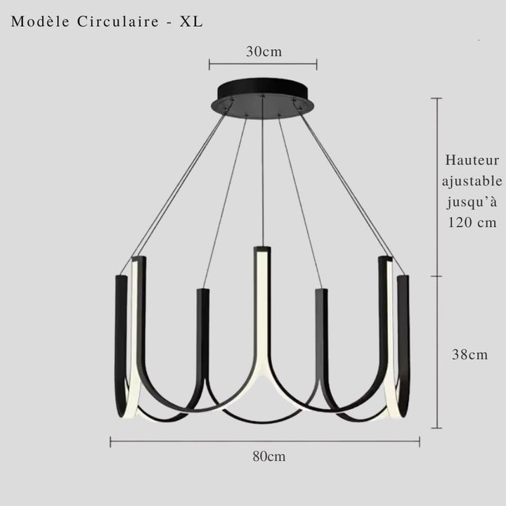 Modèle circulaire XL de 80 cm, lustre LED noir à arceaux courbés au design moderne et sculptural