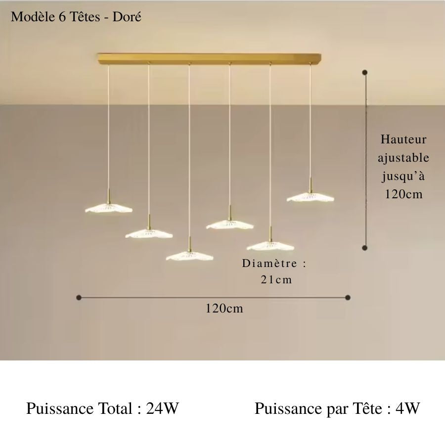 Lustre linéaire doré à 6 ombrelles LED lumineuses, au design contemporain et raffiné, suspendues à différentes hauteurs