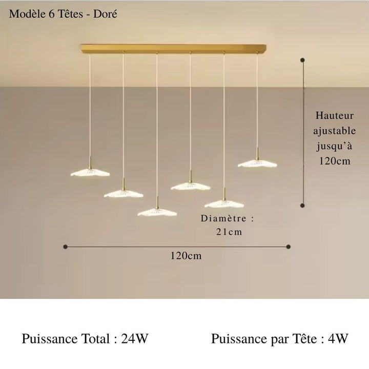 Lustre linéaire doré à 6 ombrelles LED lumineuses, au design contemporain et raffiné, suspendues à différentes hauteurs