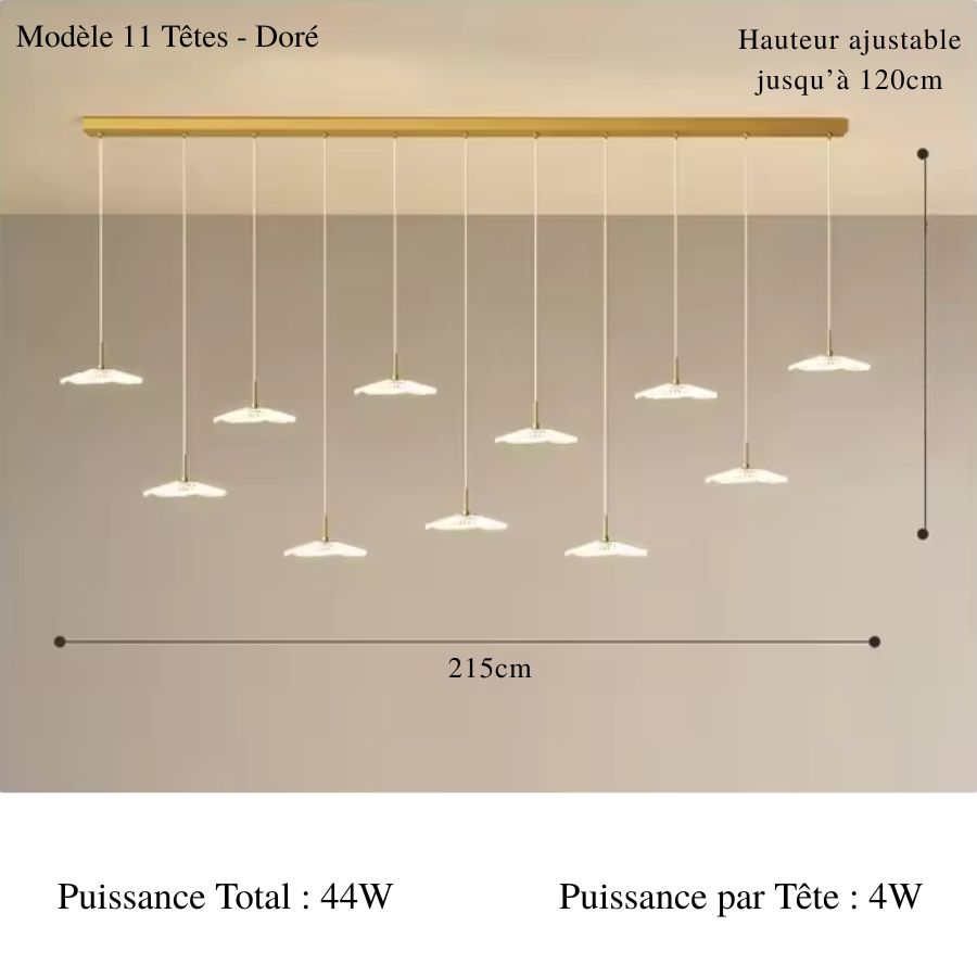 Lustre doré à 11 diffuseurs lumineux en forme d'ombrelles, répartis en cascade dans une composition design aérienne