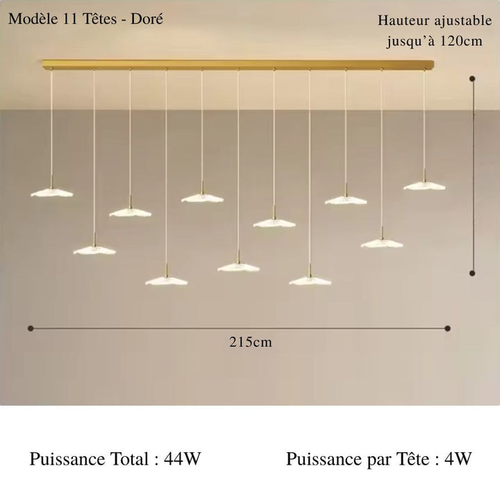 Lustre doré à 11 diffuseurs lumineux en forme d'ombrelles, répartis en cascade dans une composition design aérienne