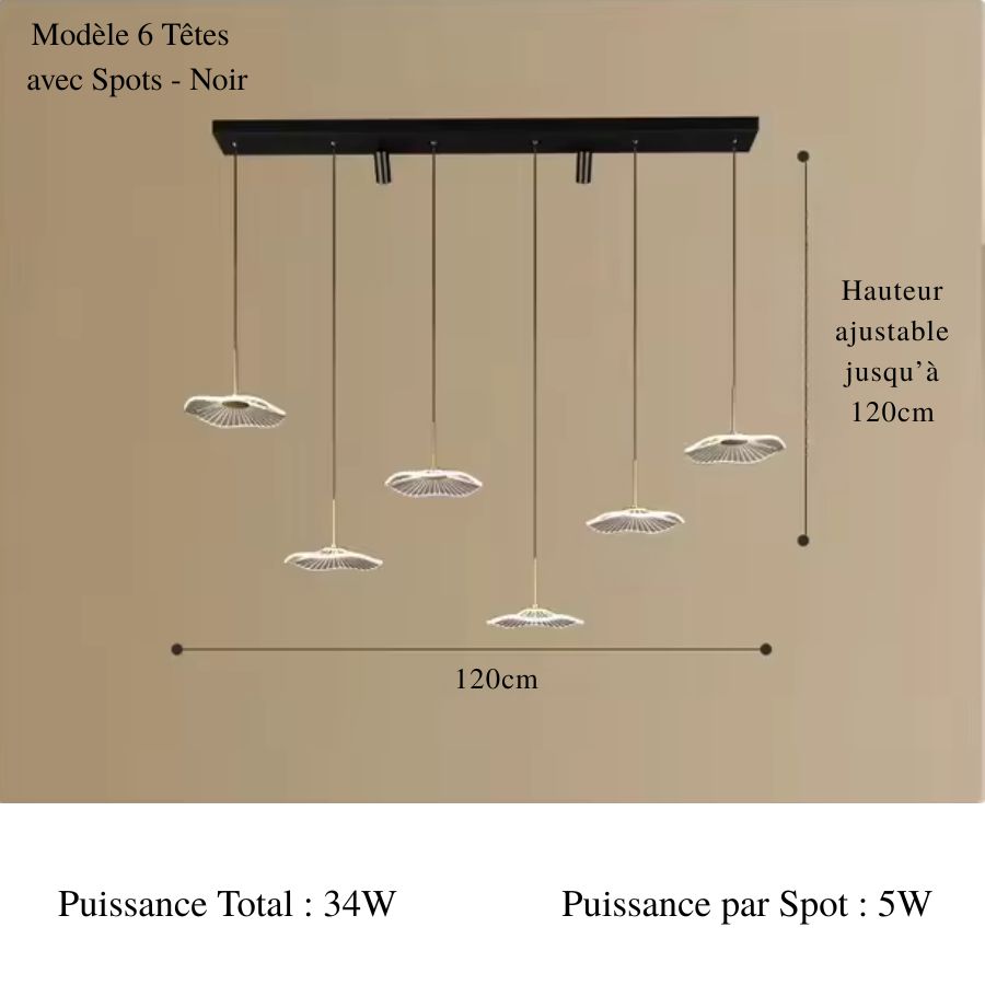 Lustre design noir à 6 ombrelles LED suspendues en cascade, complétées par deux spots orientables intégrés au plafond