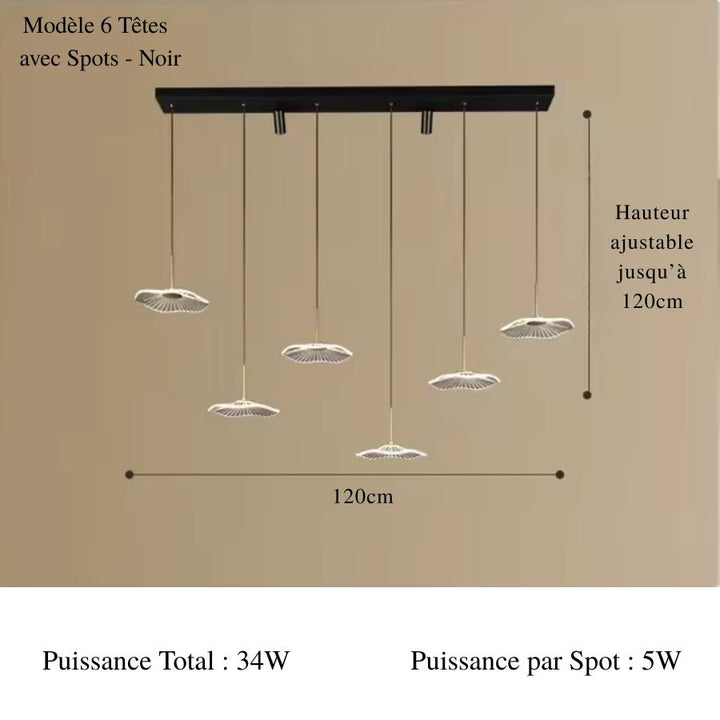 Lustre design noir à 6 ombrelles LED suspendues en cascade, complétées par deux spots orientables intégrés au plafond