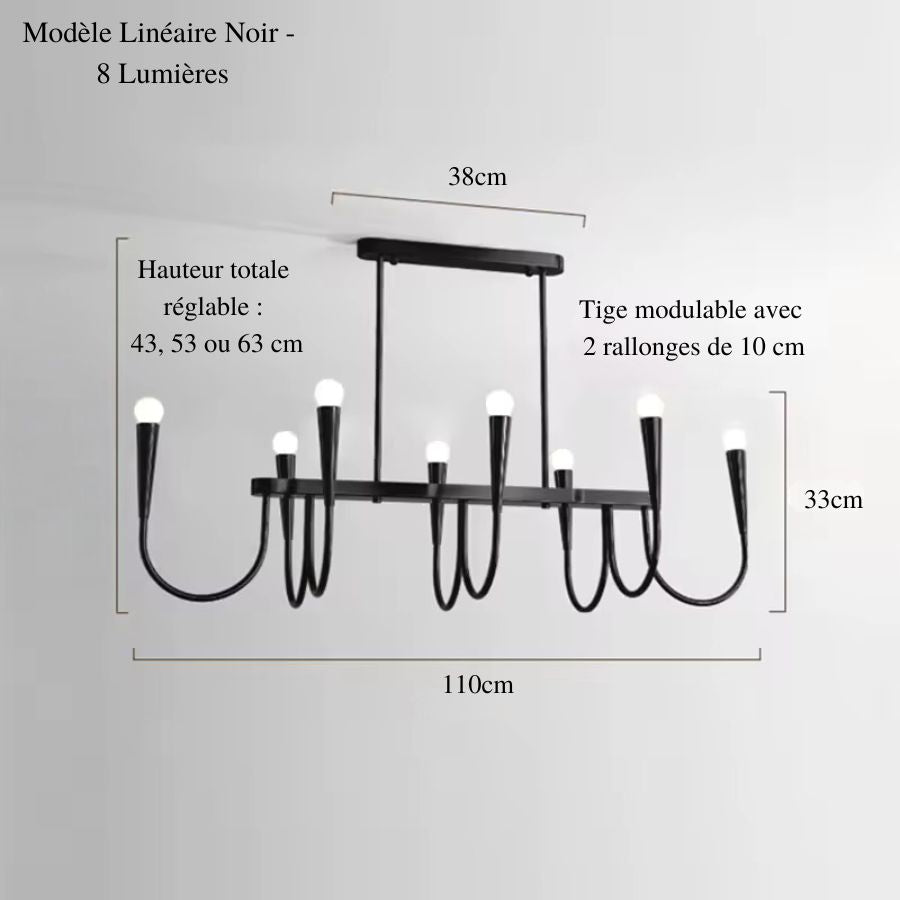 Plan du lustre linéaire noir à huit ampoules et bras incurvés, de 110 cm de long, au style graphique minimaliste.